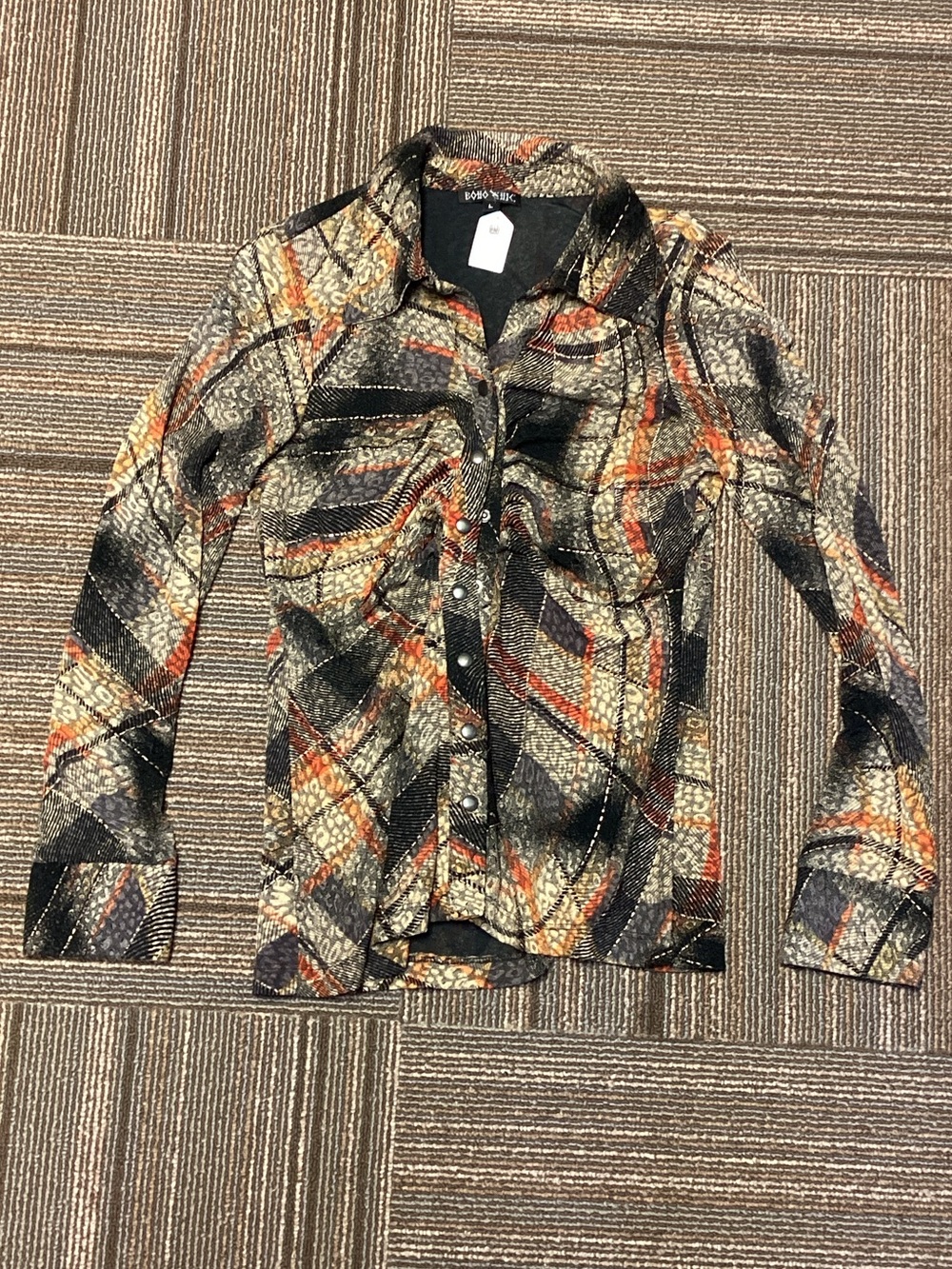 Long-Sleeve Printed Button-Up Top in Black and Orange